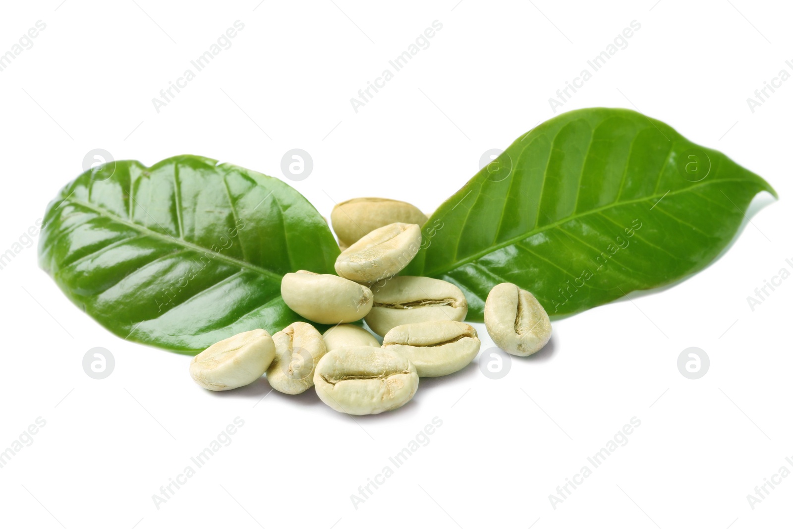 Photo of Green coffee beans and fresh leaves on white background