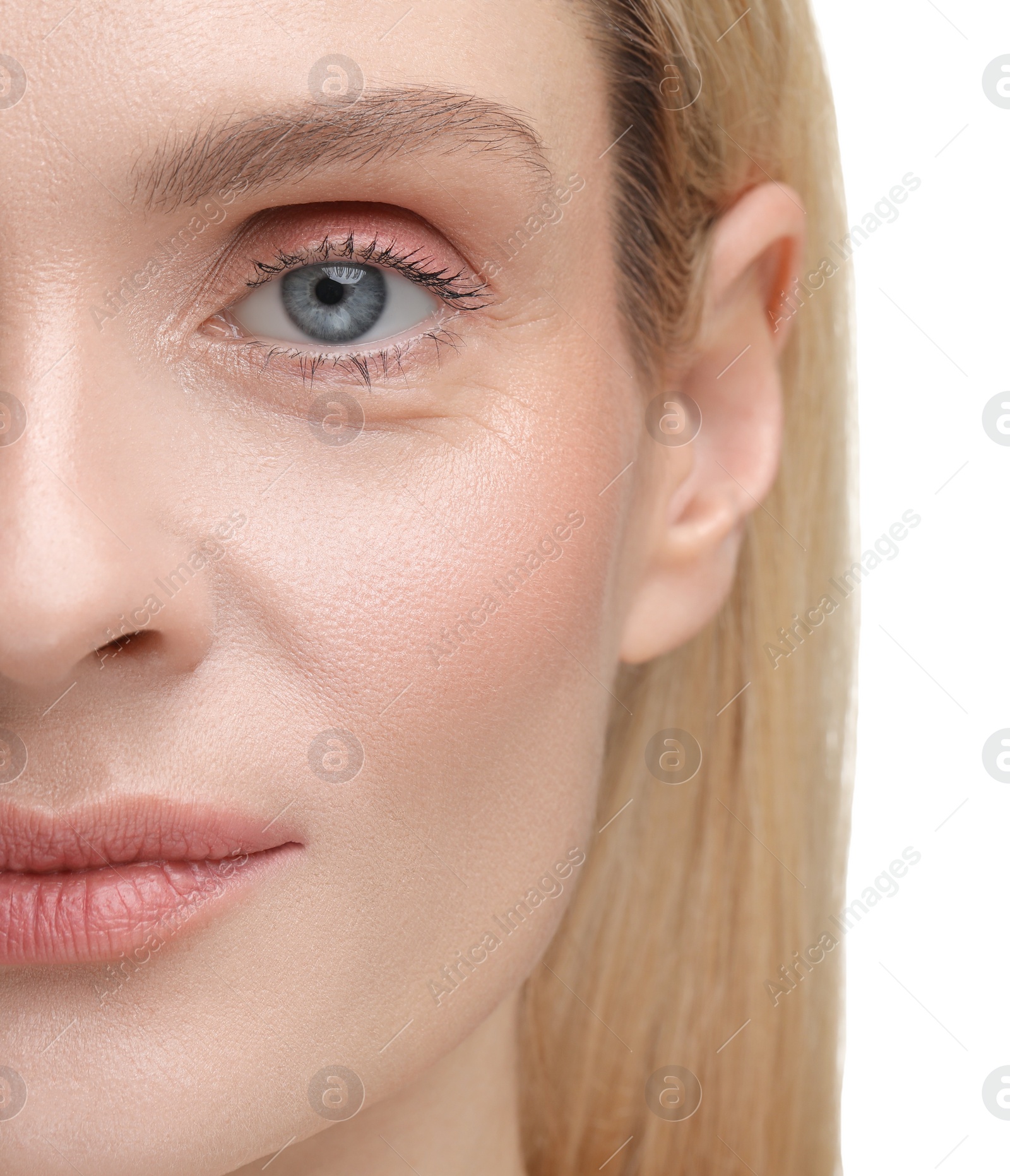 Photo of Beautiful woman with healthy skin on white background, closeup