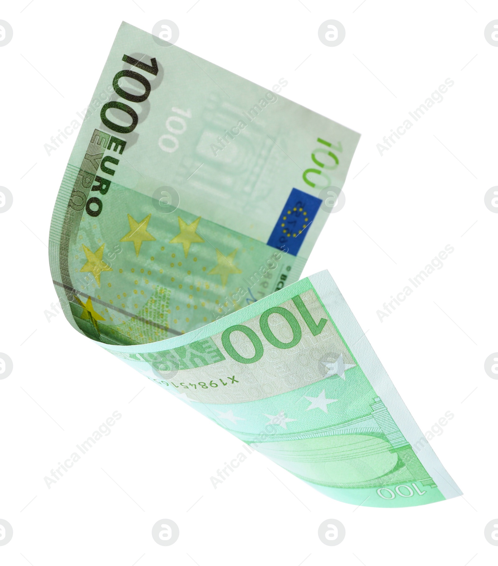 Photo of Flying one hundred Euro banknote isolated on white