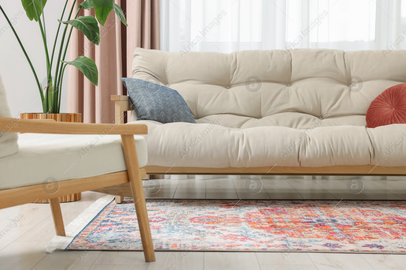 Photo of Beautiful rug, sofa and plant near window indoors