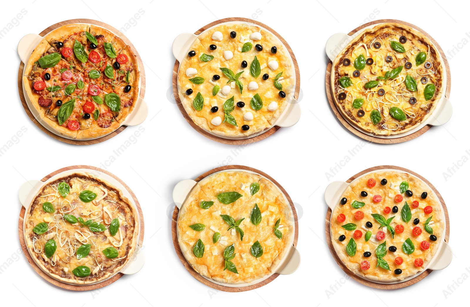 Image of Set with different delicious pizzas on white background, top view