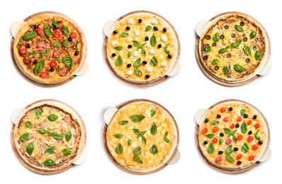 Image of Set with different delicious pizzas on white background, top view