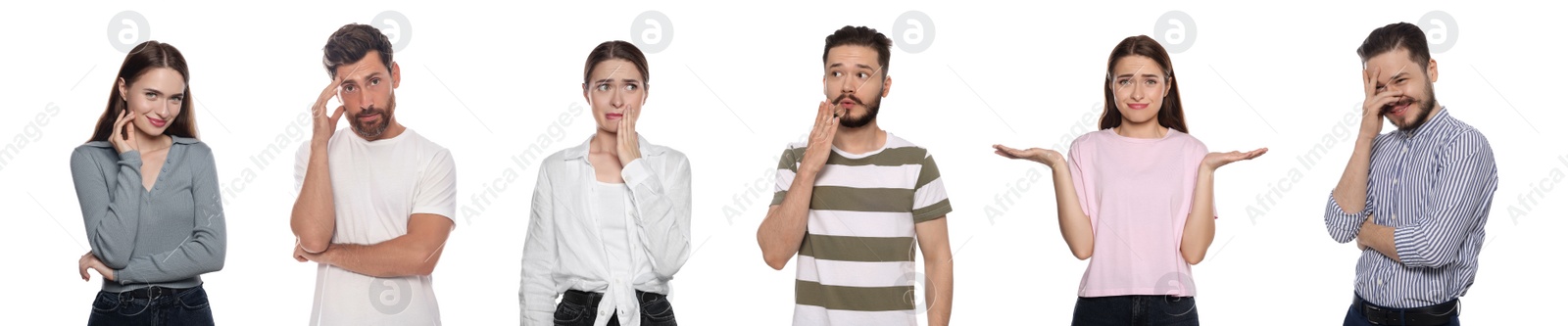 Image of Embarrassed people on white background, set with photos