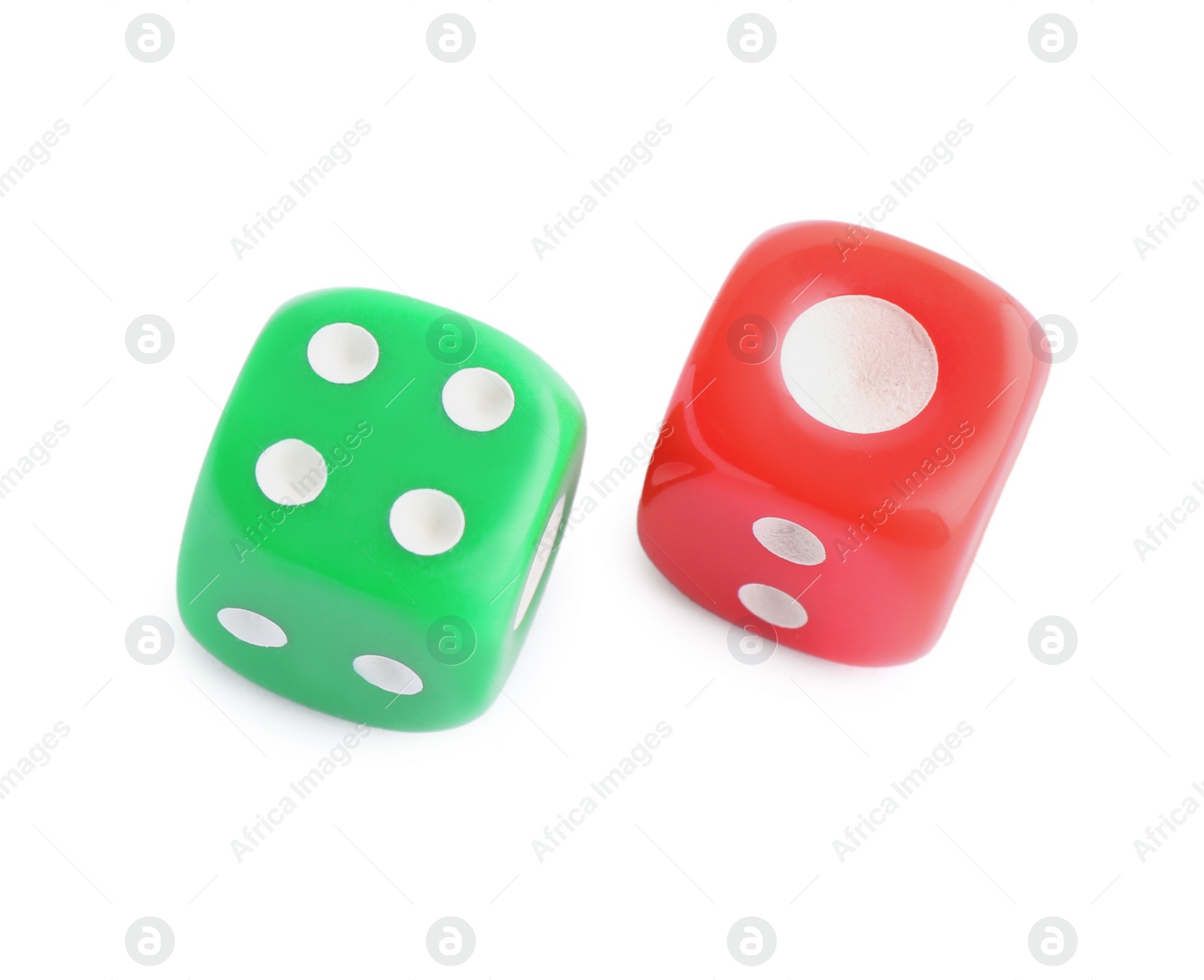 Photo of Two color game dices isolated on white