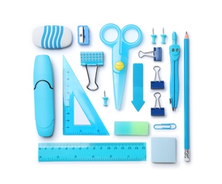 Composition with different school stationery on white background