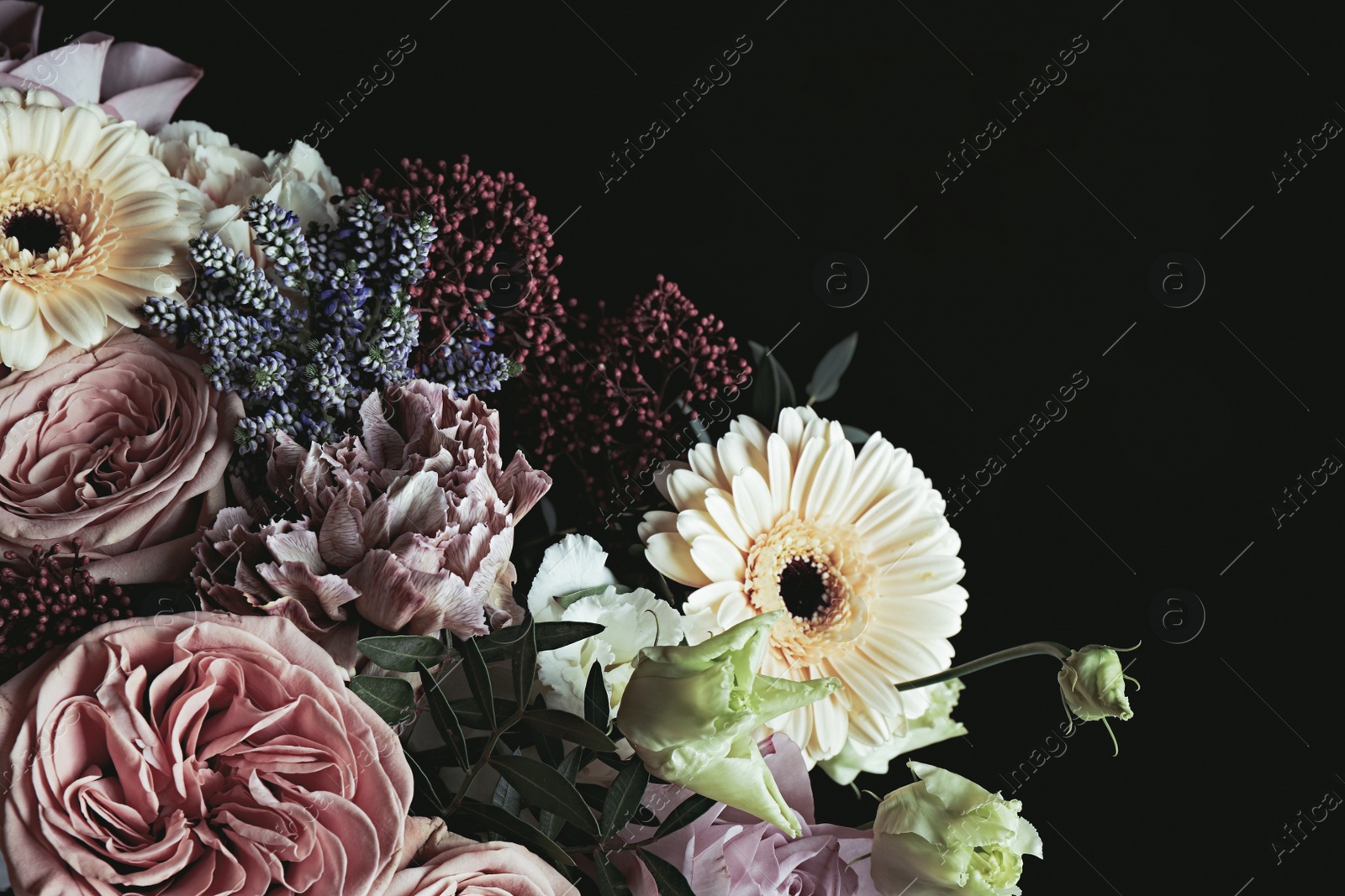 Photo of Beautiful bouquet on black background. Floral card design with dark vintage effect