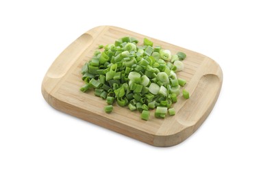 Wooden board with chopped green onion isolated on white