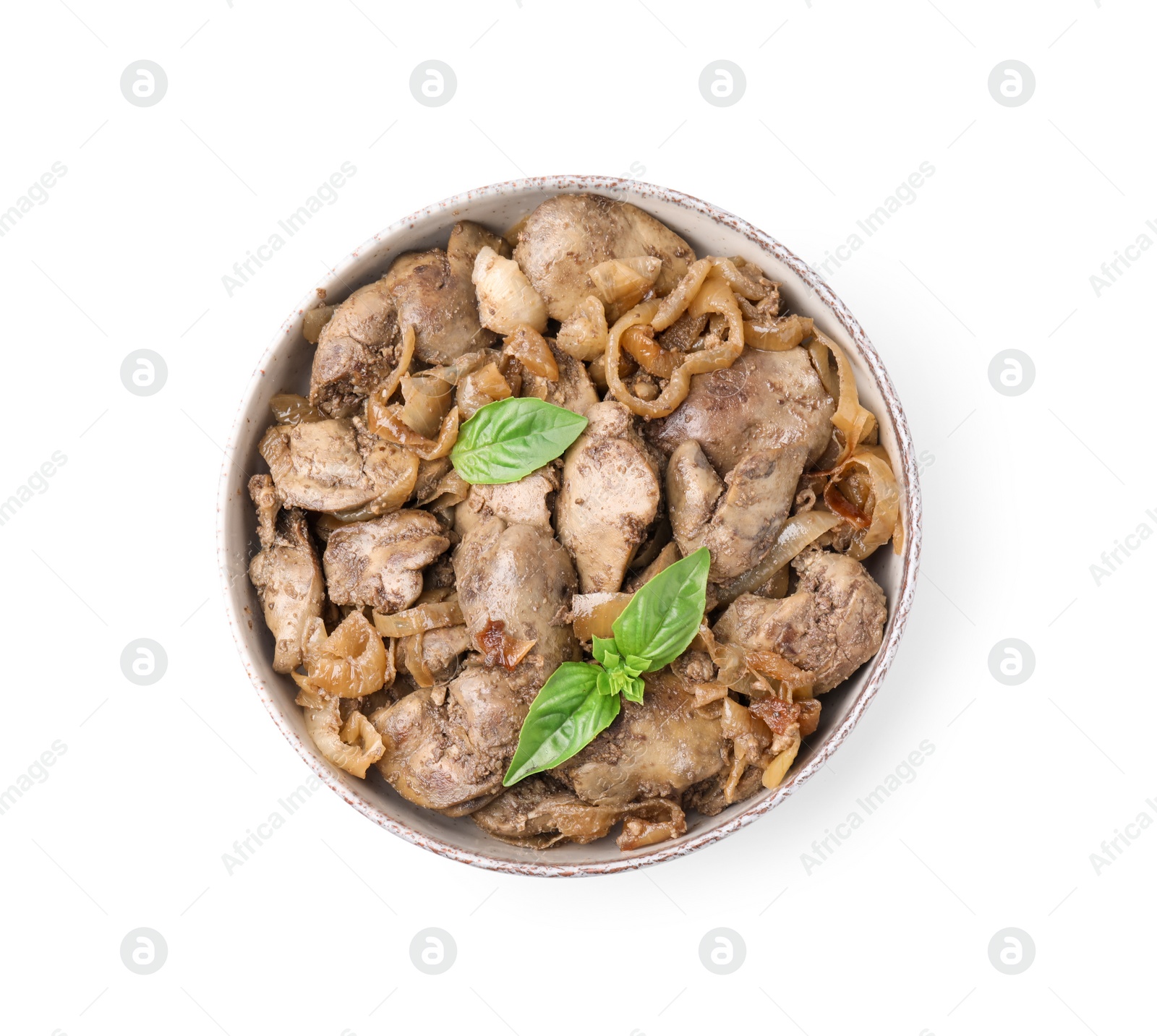 Photo of Delicious fried chicken liver with onion and basil in bowl isolated on white, top view