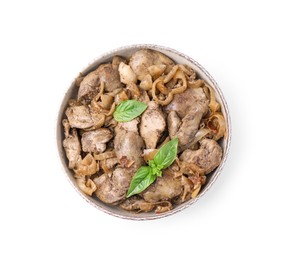 Delicious fried chicken liver with onion and basil in bowl isolated on white, top view