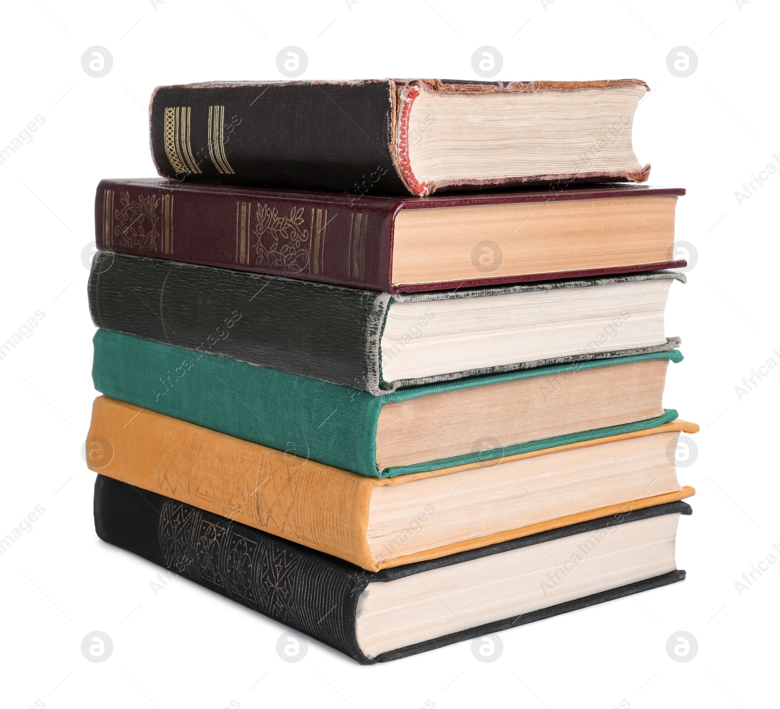 Photo of Stack of many old hardcover books isolated on white