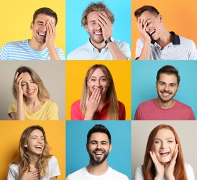Image of Collage with photos of people laughing on different color backgrounds