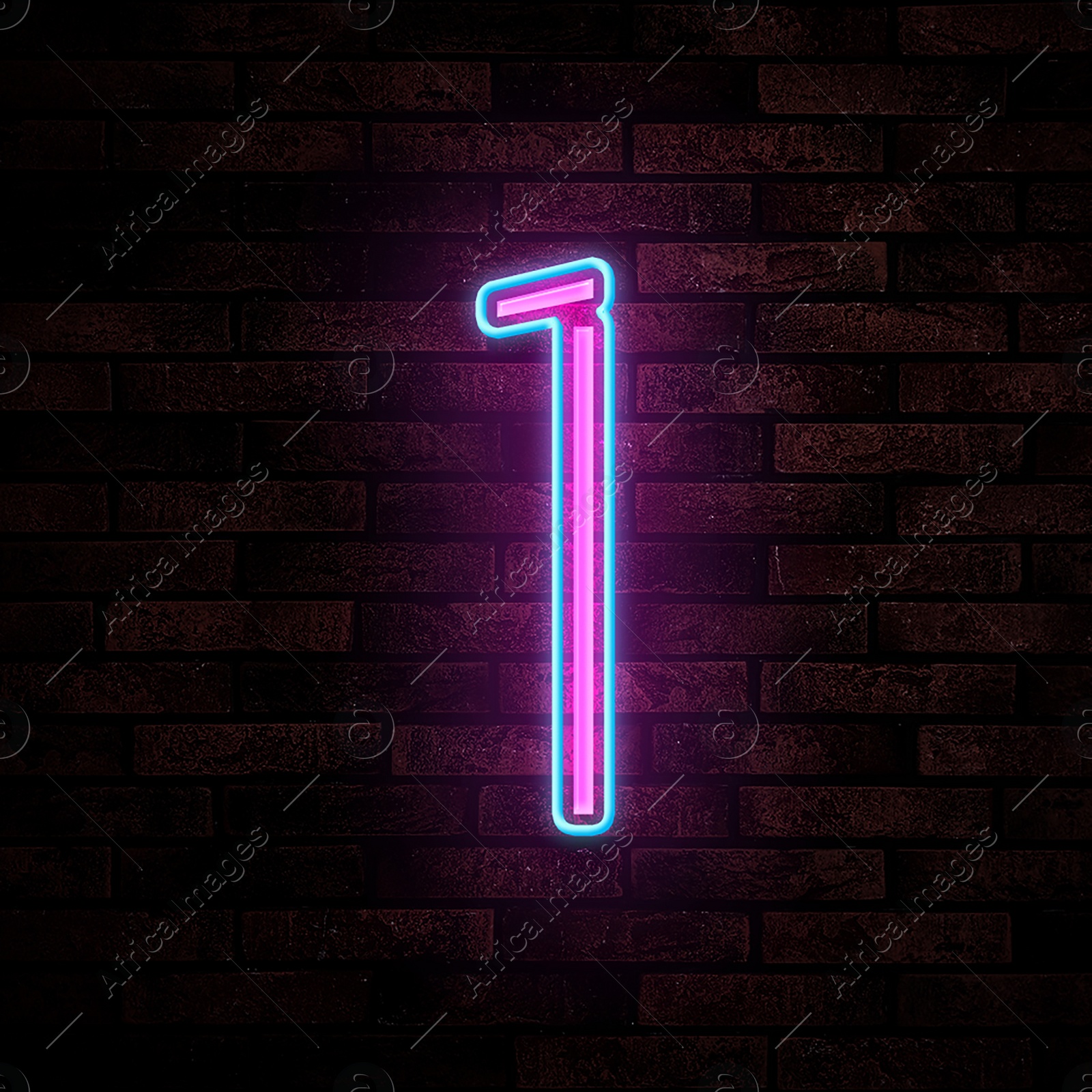 Image of Glowing neon number 1 sign on brick wall