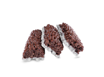 Photo of Delicious rice crispy treats on white background