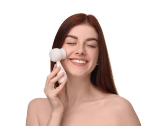 Photo of Washing face. Young woman with cleansing brush on white background