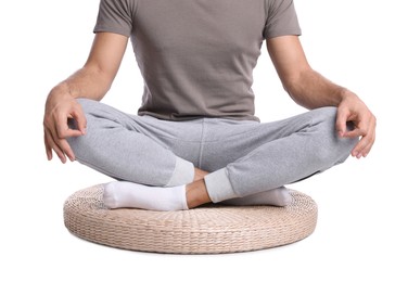 Photo of Man meditating on white background, closeup. Harmony and zen