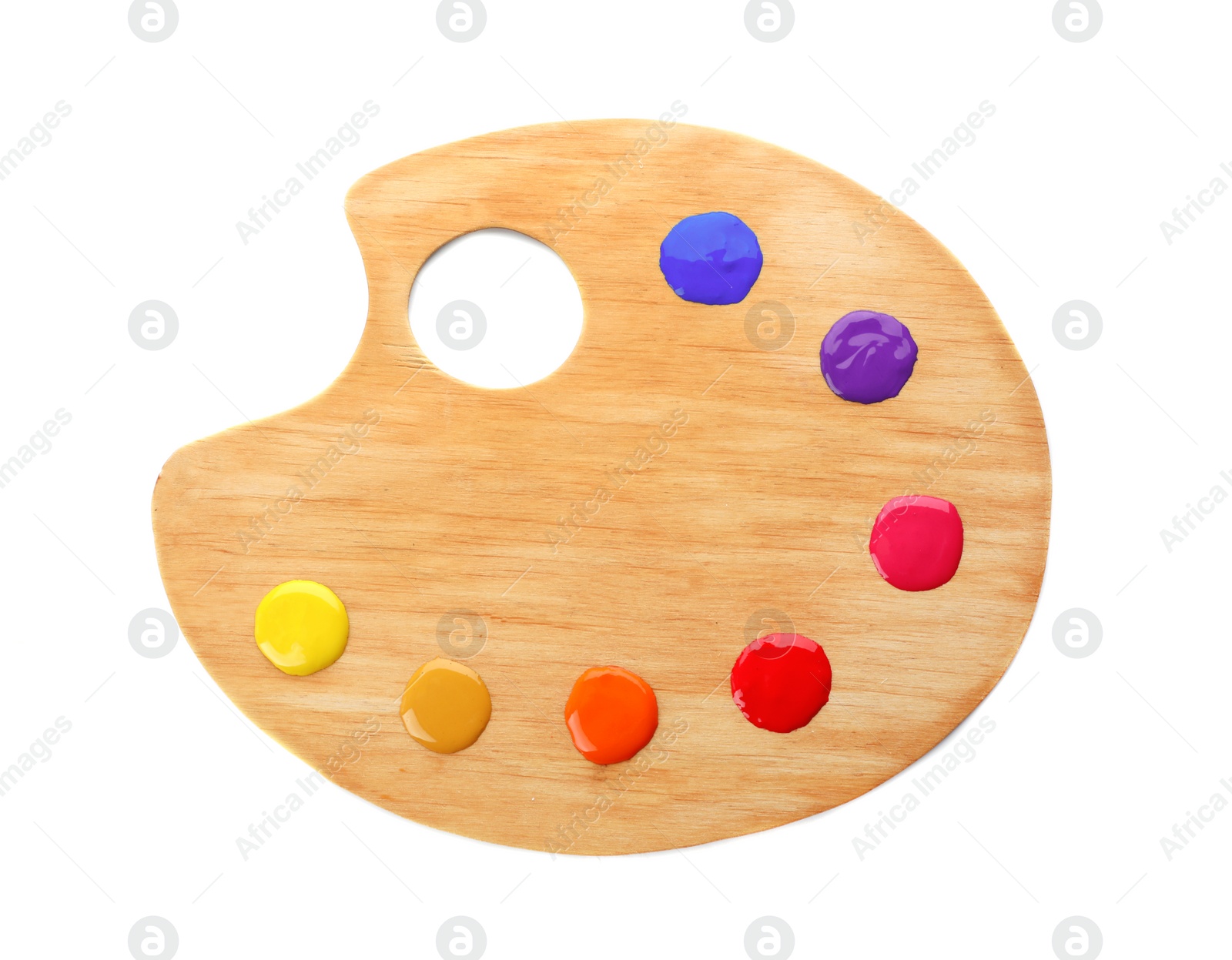 Photo of Palette with paints on white background, top view