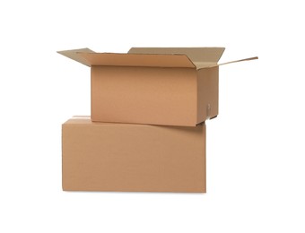 Photo of Two cardboard boxes isolated on white. Delivery service