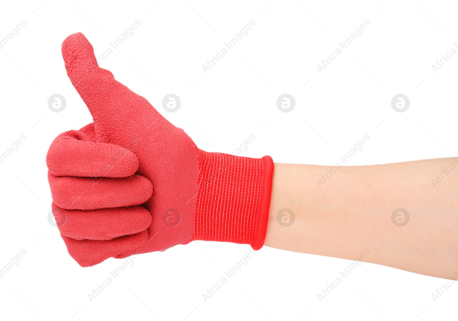 Photo of Woman in gardening glove showing thumbs up on white background, closeup