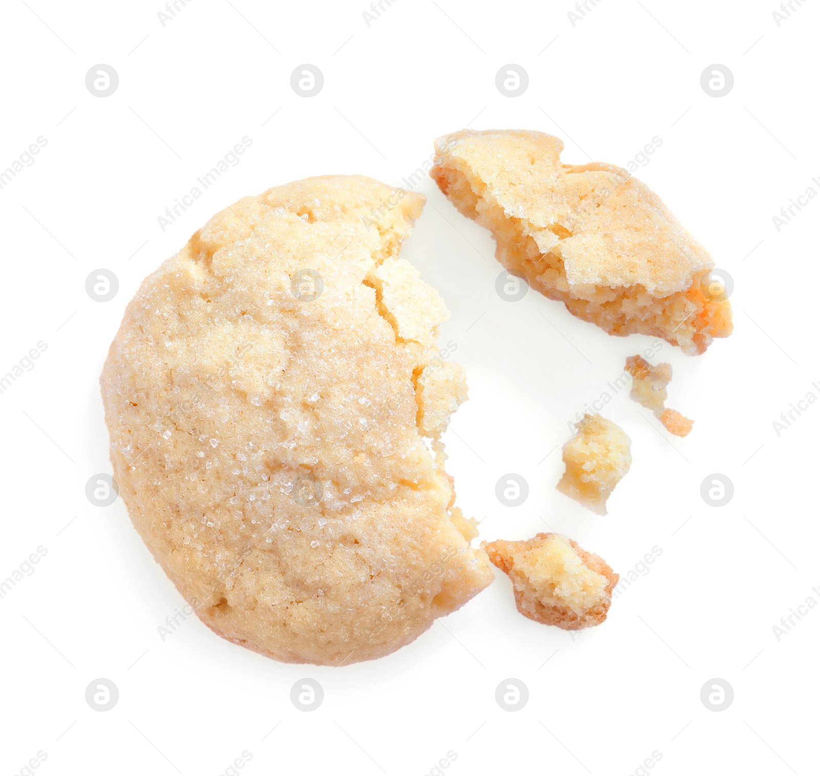 Photo of One broken tasty sugar cookie isolated on white, top view