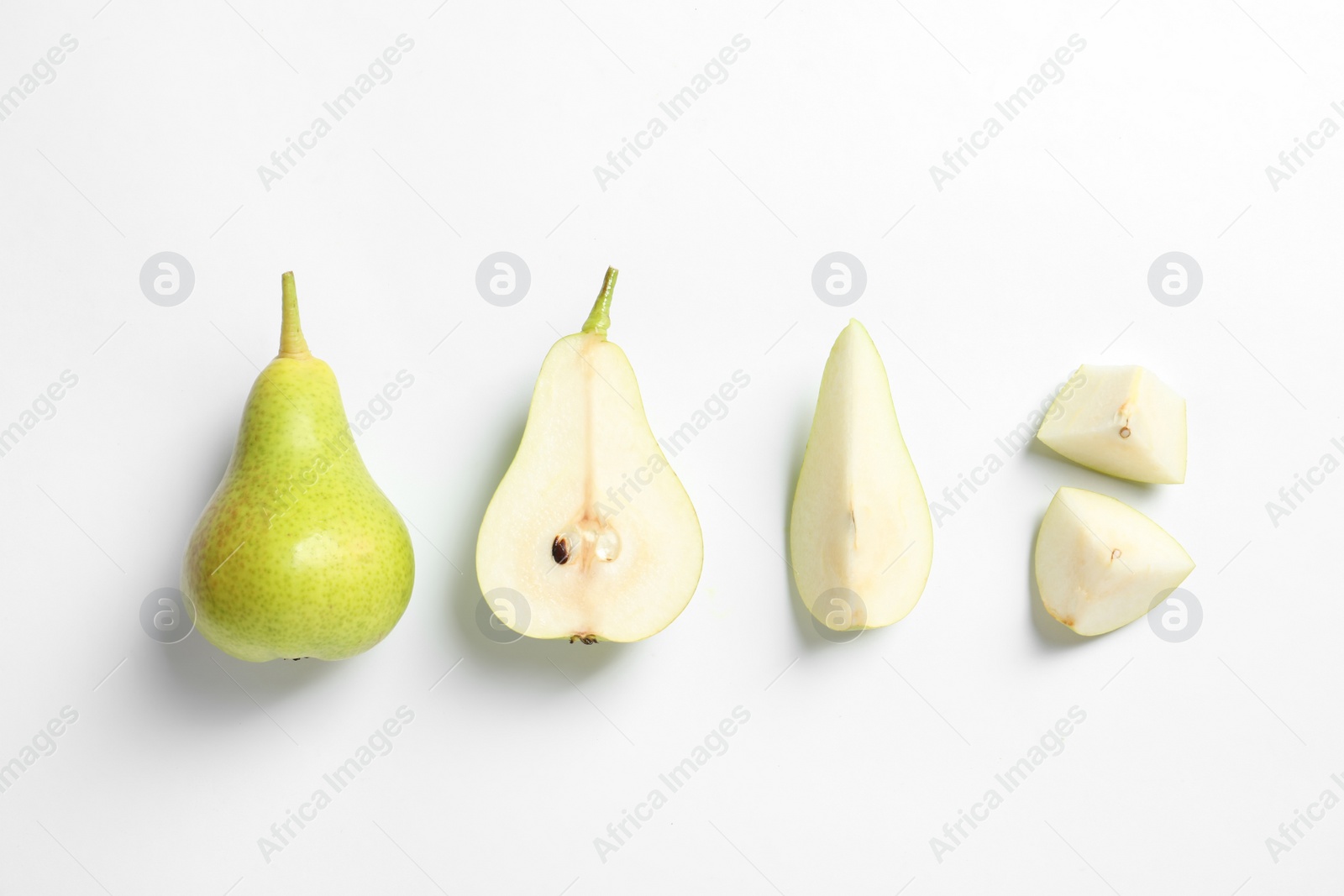 Photo of Ripe juicy pears on white background, top view