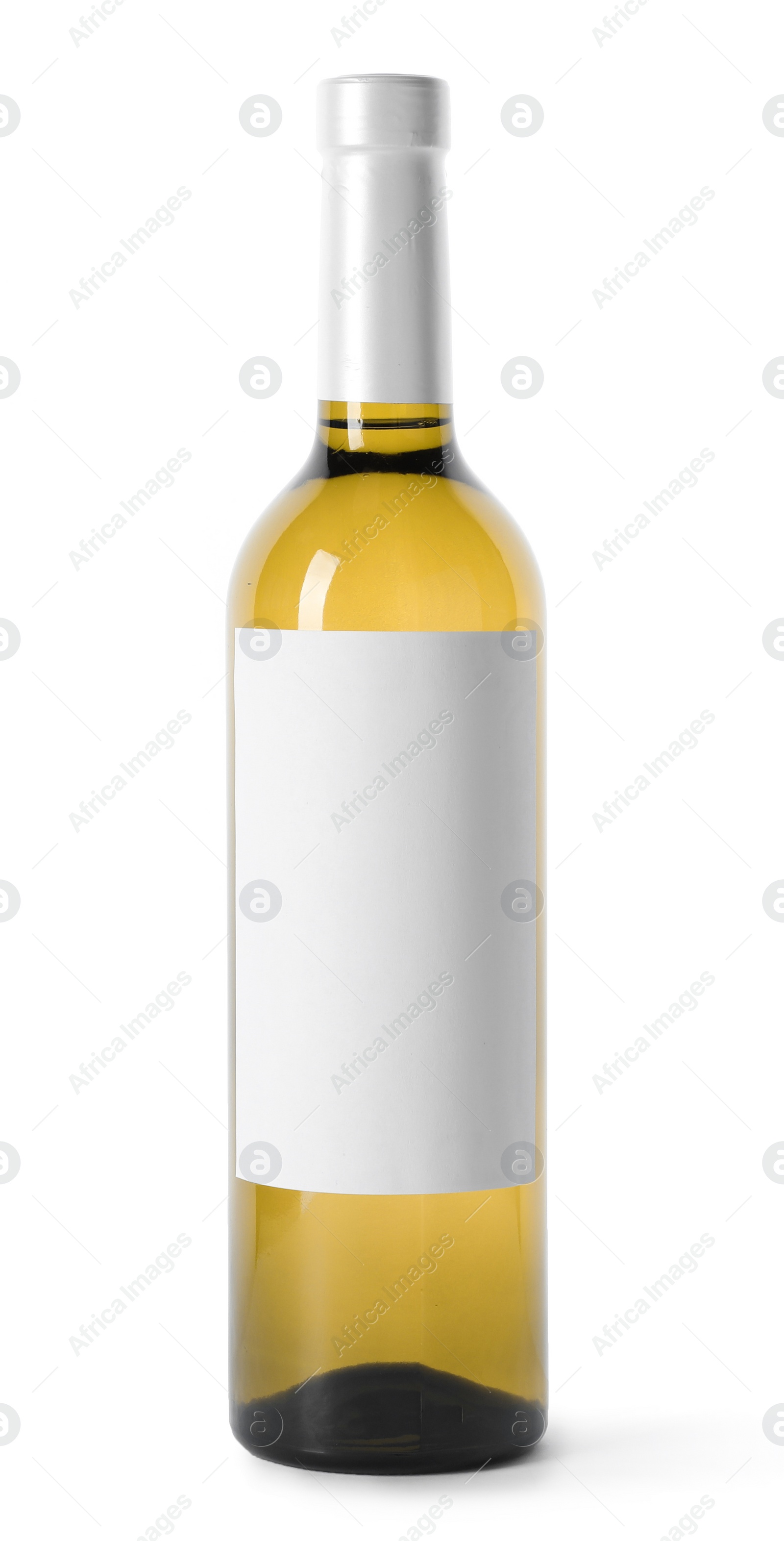 Photo of Bottle of delicious wine with blank label on white background