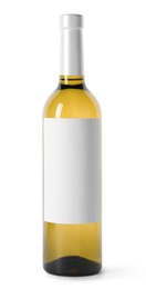 Bottle of delicious wine with blank label on white background