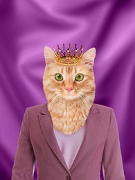 Image of Cute cat dressed like royal person against purple background