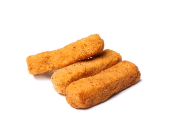 Photo of Tasty crispy cheese sticks isolated on white