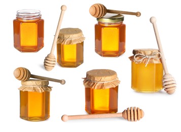 Image of Natural honey in glass jars and dippers isolated on white, set