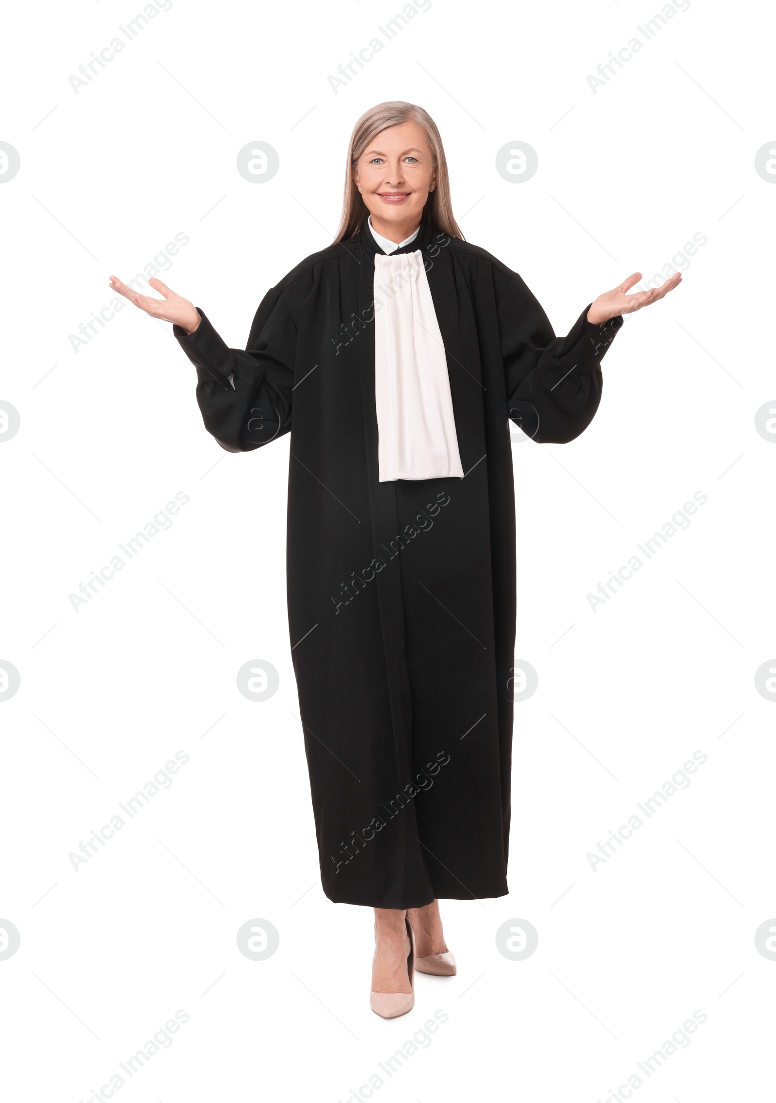 Photo of Smiling senior judge in court dress on white background