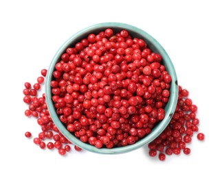 Aromatic spice. Red pepper in bowl isolated on white, top view