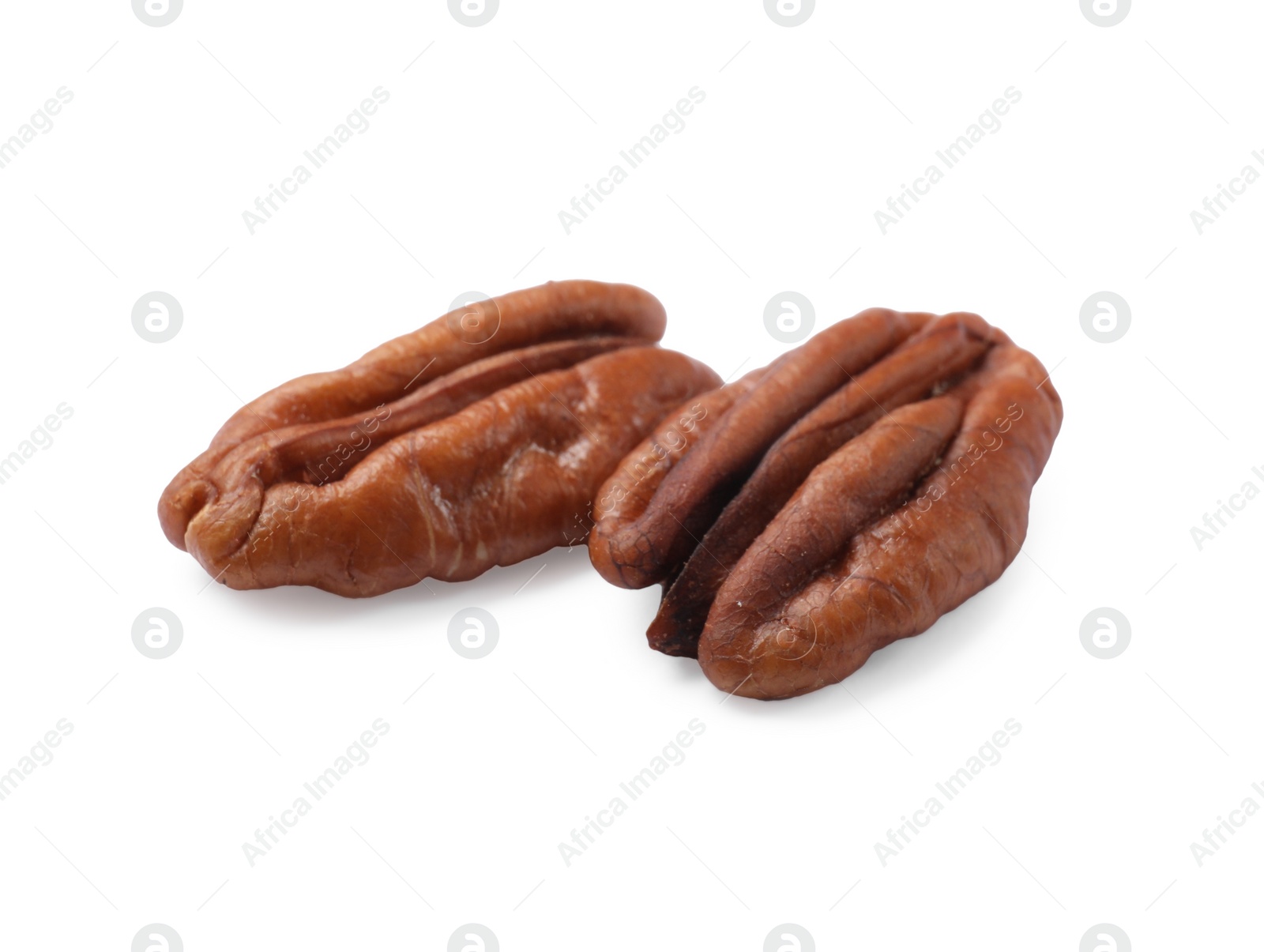 Photo of Two tasty pecan nuts isolated on white