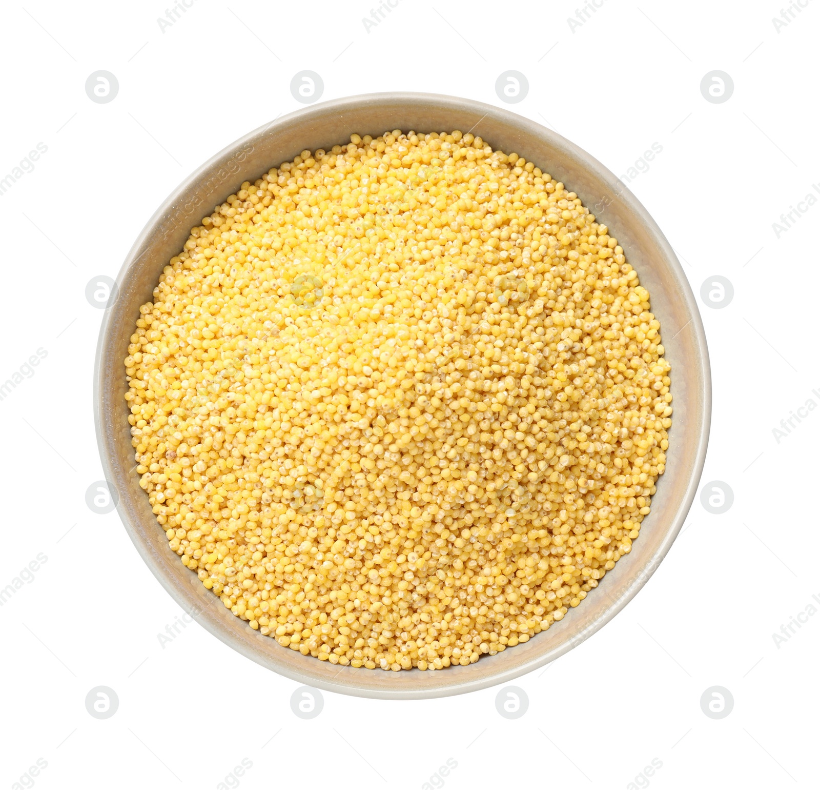 Photo of Dry millet seeds in bowl isolated on white, top view