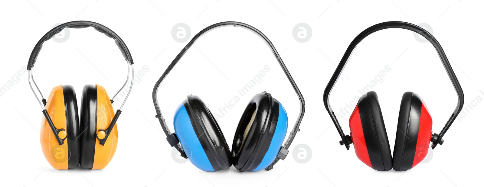 Image of Set with protective headphones on white background. Safety equipment