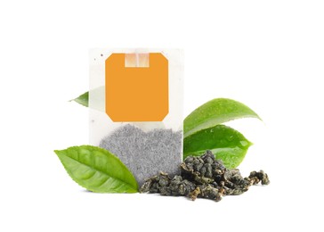 Tea bag with leaves on white background