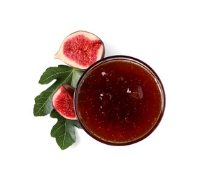 Photo of Bowl with tasty sweet jam, fresh figs and green leaf isolated on white, top view