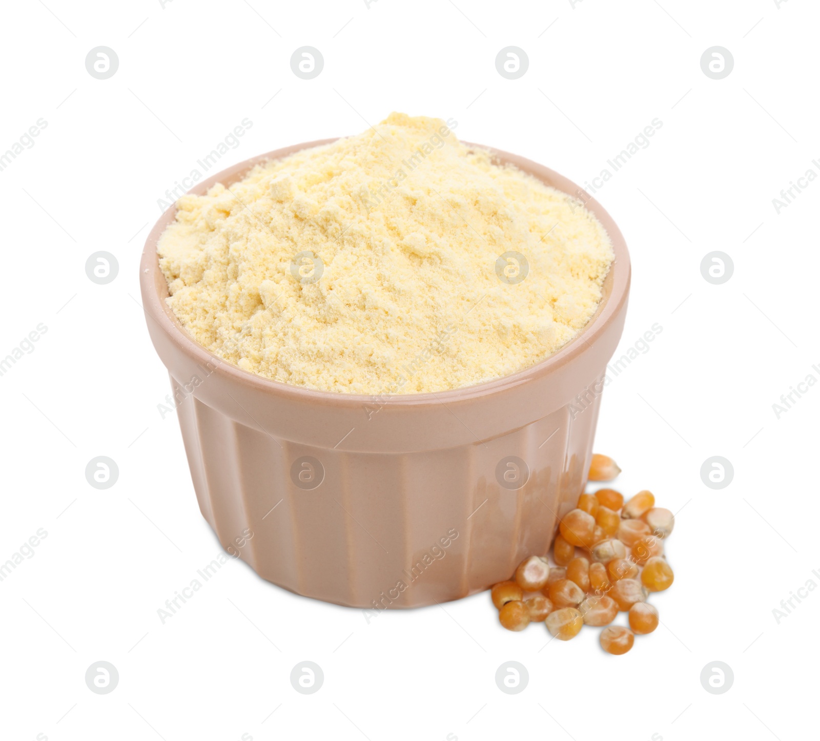 Photo of Bowl with corn flour and grains on white background