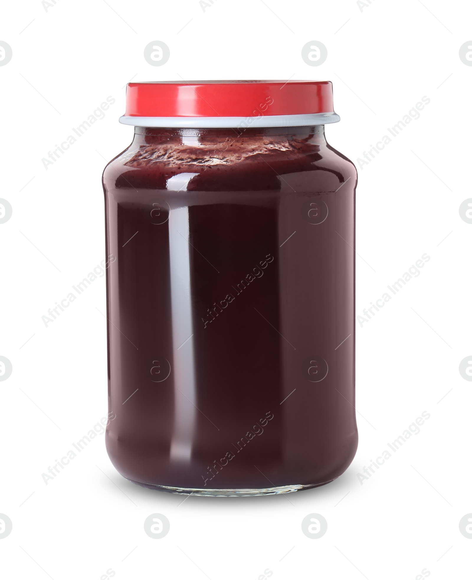 Photo of Baby food. Tasty healthy puree in jar isolated on white