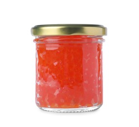 Photo of Glass jar with delicious red caviar isolated on white