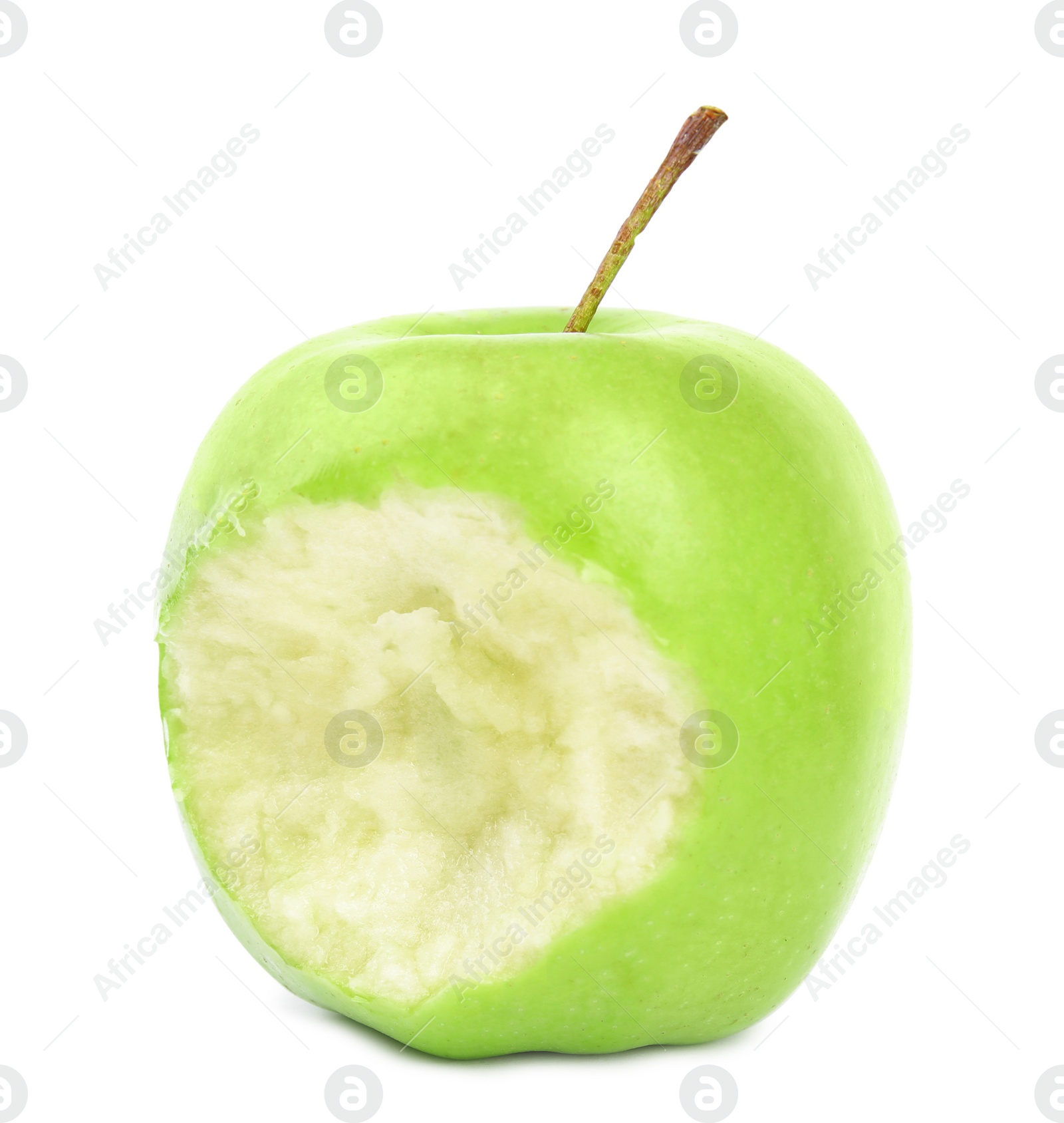 Photo of Fresh ripe green apple with bite mark on white background