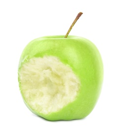 Photo of Fresh ripe green apple with bite mark on white background