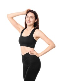 Photo of Happy young woman with slim body posing on white background