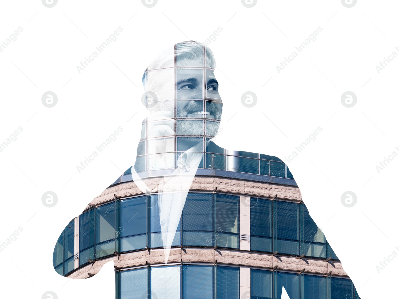 Image of Double exposure of businessman talking on phone and office building