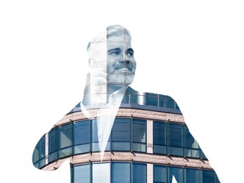 Double exposure of businessman talking on phone and office building