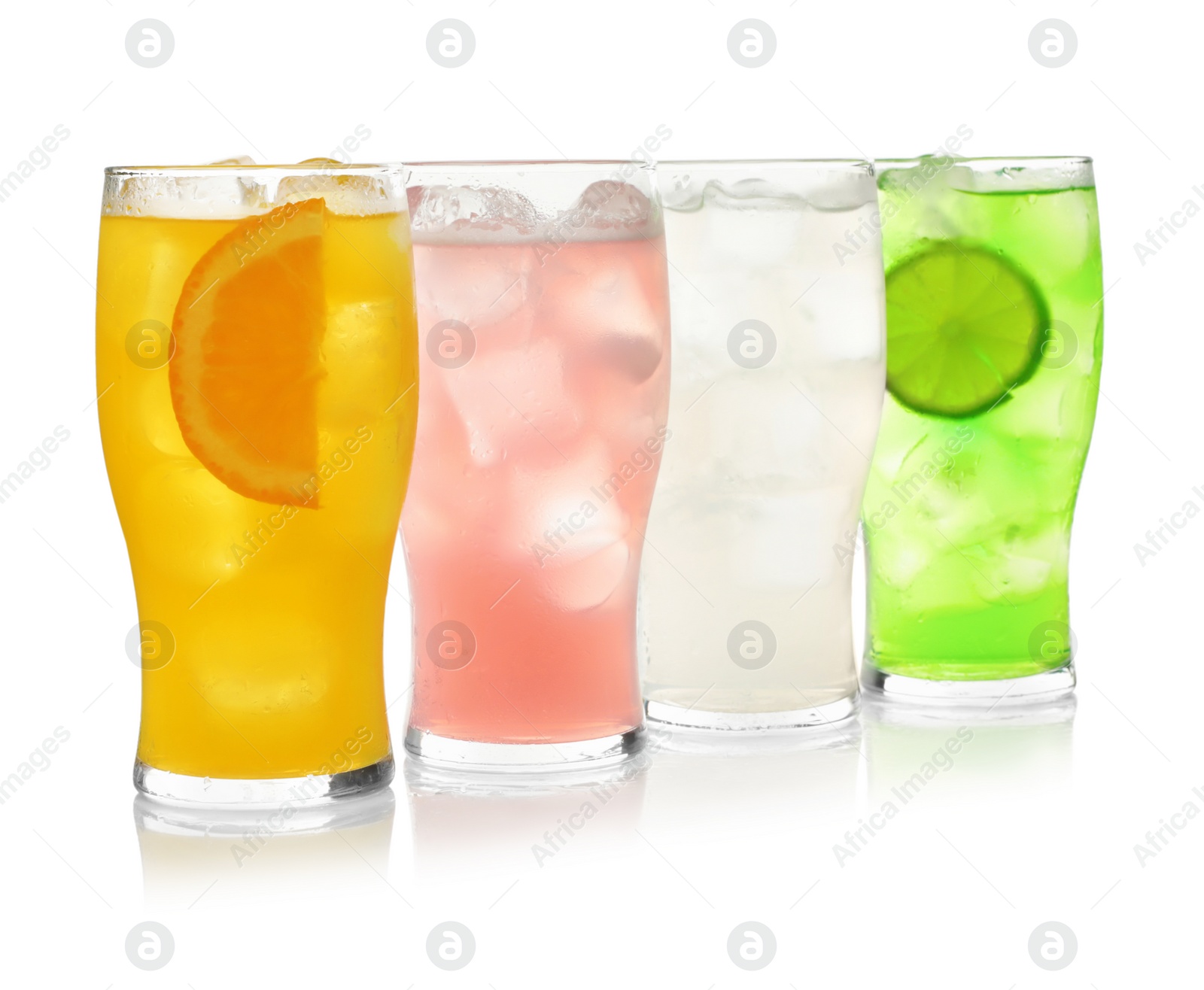 Photo of Delicious refreshing drinks in glasses on white background