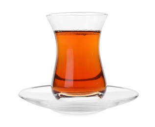 Photo of Tasty Turkish tea in glass isolated on white