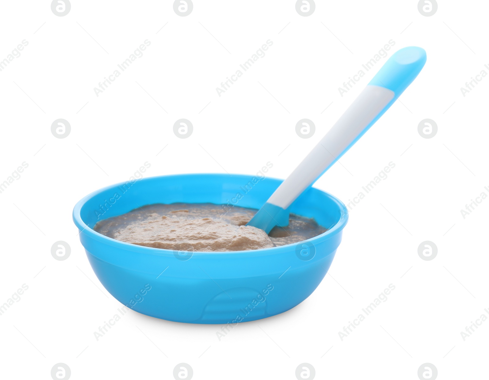 Photo of Healthy baby food in bowl on white background