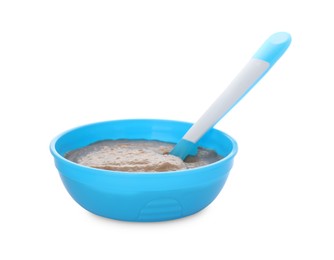 Healthy baby food in bowl on white background