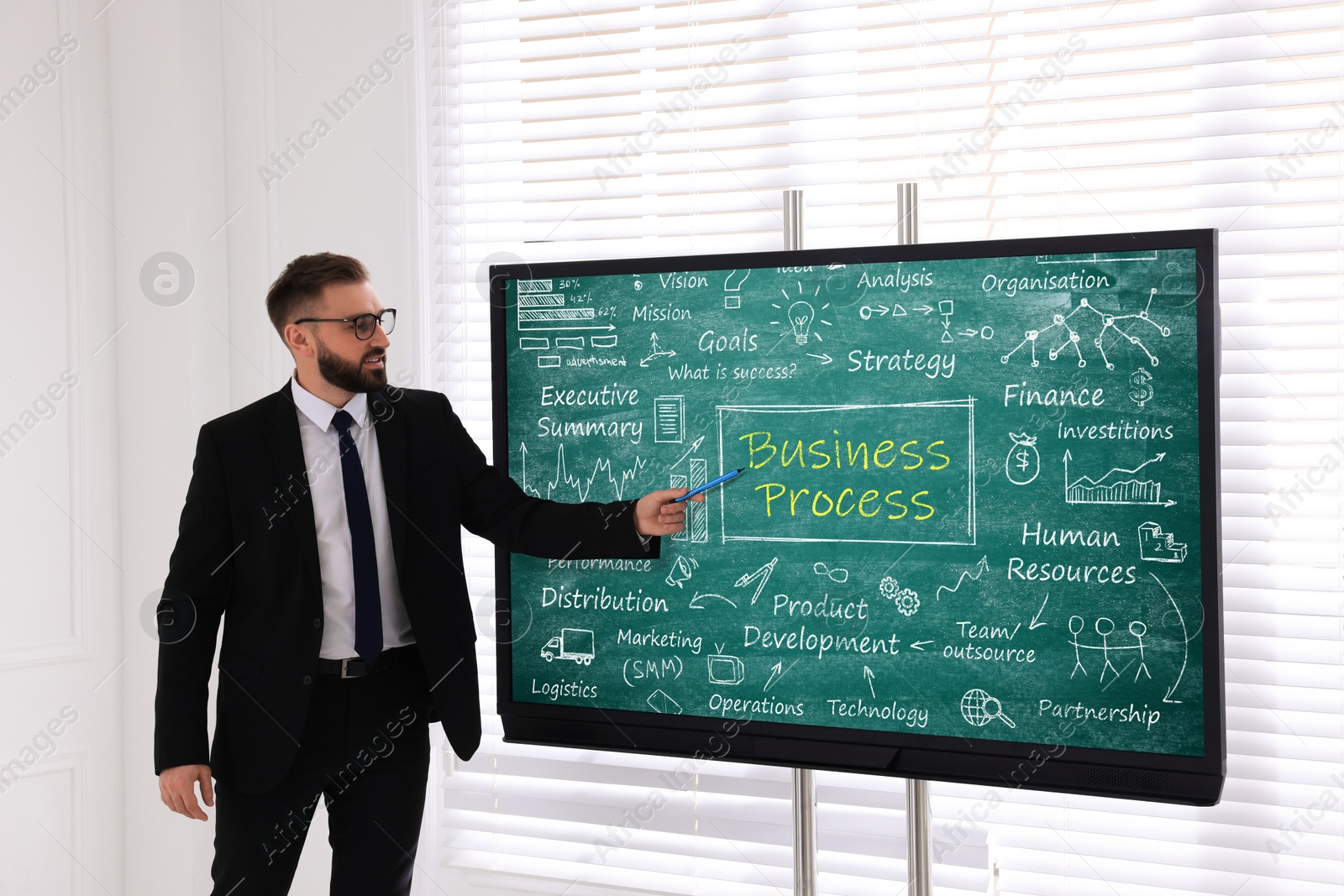 Photo of Business trainer using interactive board in meeting room during presentation