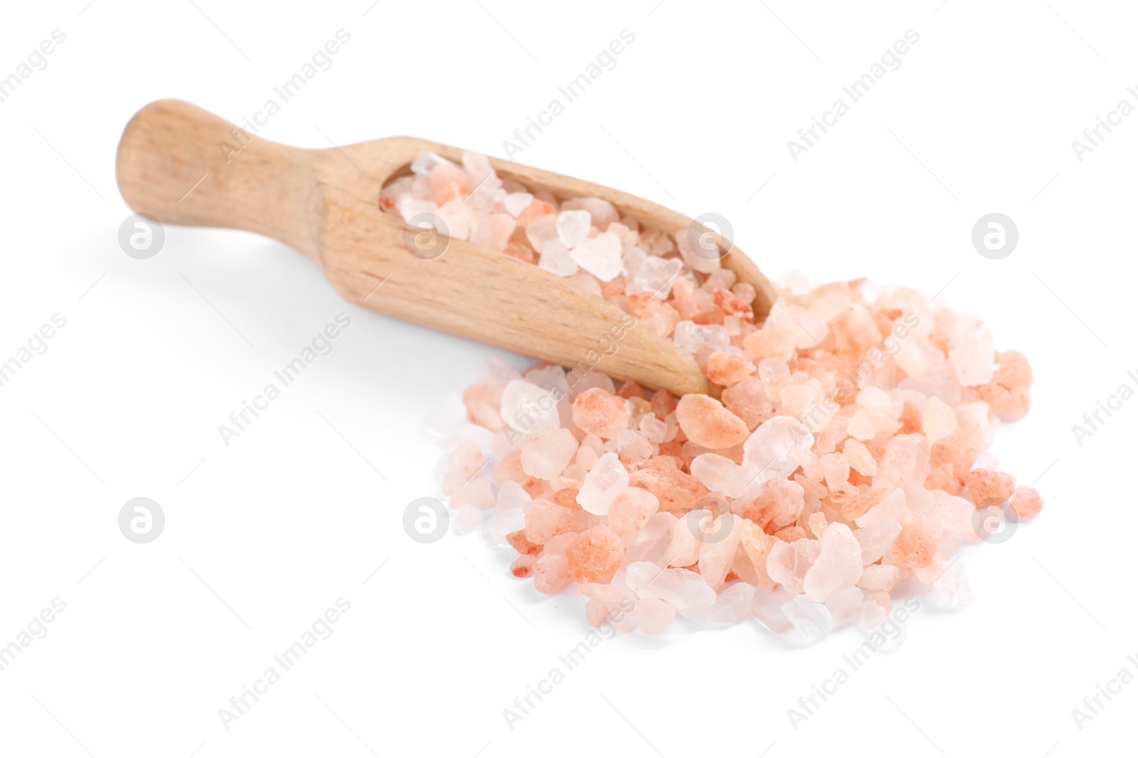 Photo of Pink Himalayan salt and wooden scoop on white background